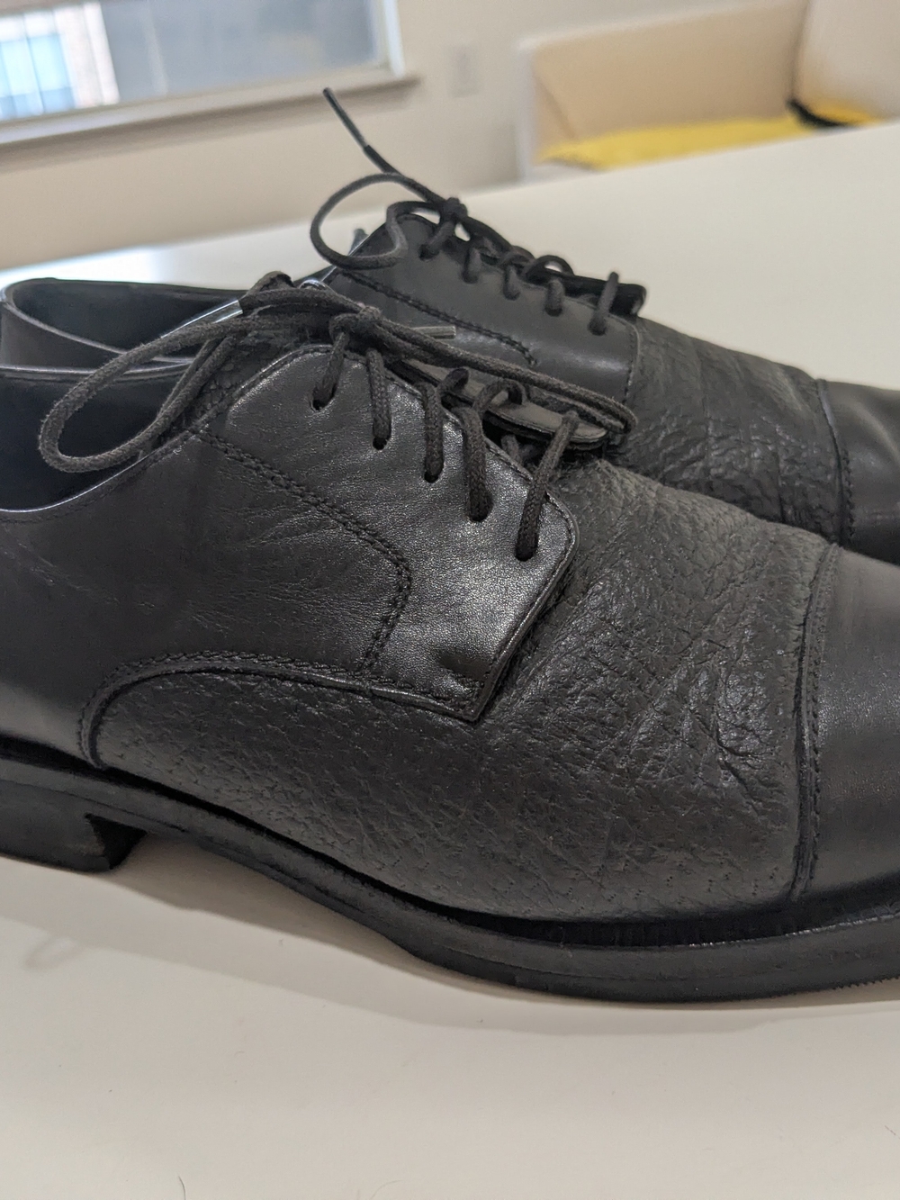 Black Leather Mixed Texture Cap Toe Derby Dress Shoes Men's Vibram Soles Grained